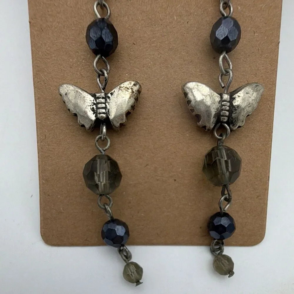 Silver Tone Butterfly Charm Blue Round Glass Bead Dangle Drop Earrings Hook 3”